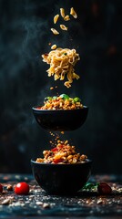 Three bowls of pasta floating in mid-air.