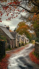 Cottages along a quiet country lane in autumn.