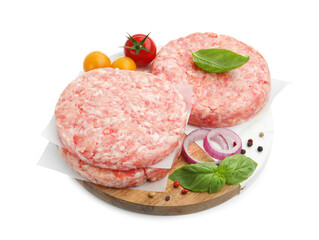 Fresh raw patties for burger, tomatoes and spices isolated on white