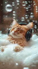 Cat lounging in bubble bath with headphones.
