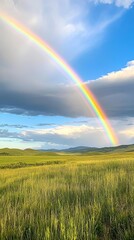 A large, vibrant rainbow stretching over a grassy field.