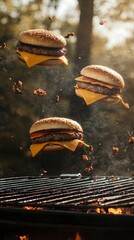 Three cheeseburgers soaring above a BBQ grill.