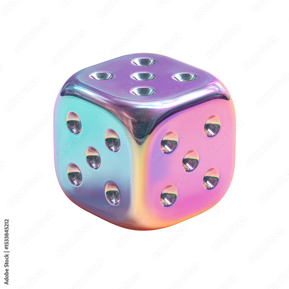 Poster iridescent dice with a unique color combination against a white backdrop