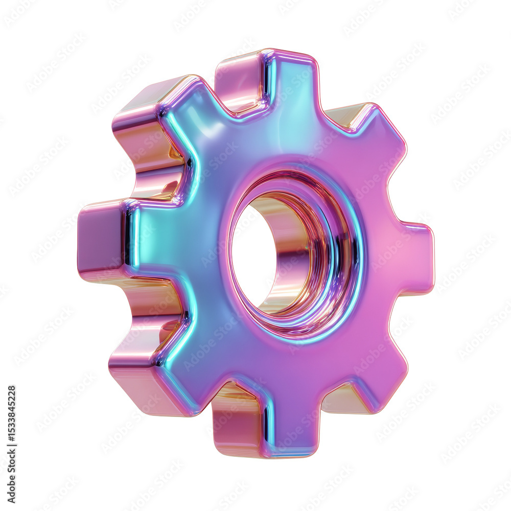 Poster iridescent mechanical gear icon for technical design and engineering use
