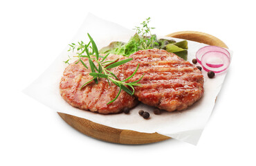 Delicious hamburger patties and spices isolated on white