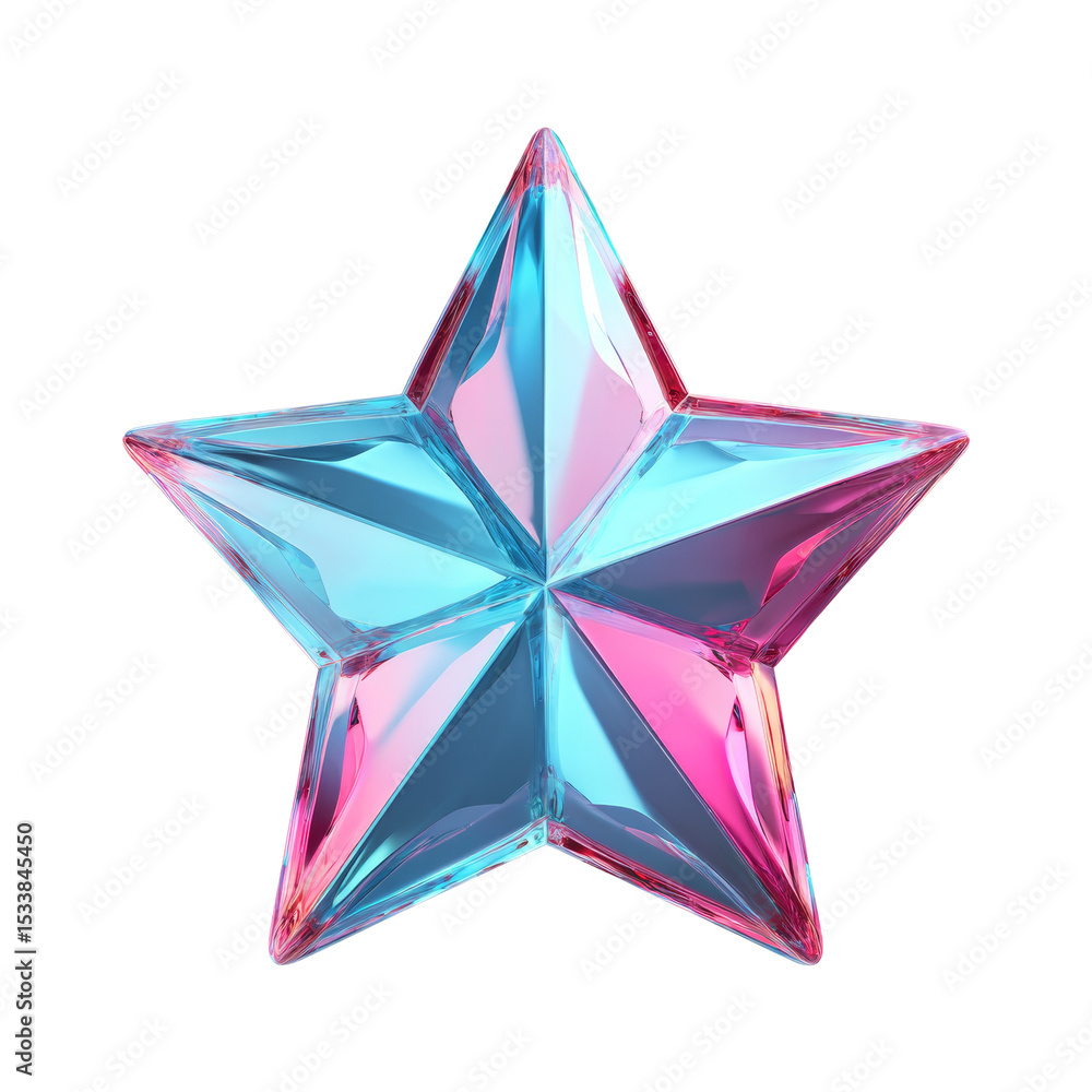 Poster a luminous five-pointed star with faceted surfaces on a white background