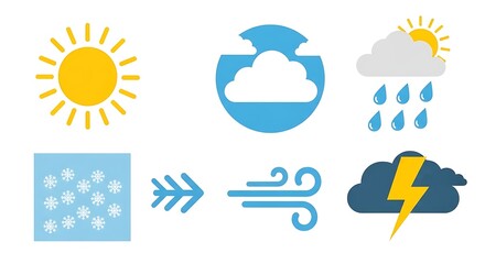 Obraz premium Weather Icons Set: Sunny, Cloudy, Rain, Snow, Wind, Thunderstorm in Flat Vector Style for Forecasting UI/UX and Meteorological Data Visualization Projects