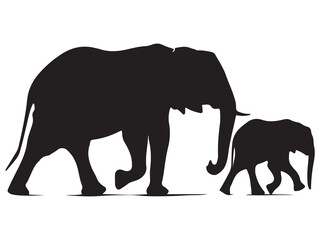 Elephant Mother and Calf Walking Together in the Grass Field Black Silhouette