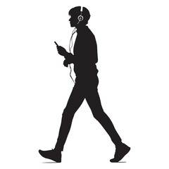 Walking Teenager with Headphones and Phone in Silhouette Style Isolated on White Background silhouette