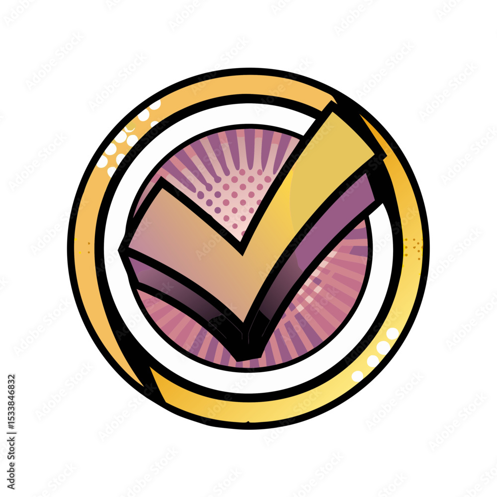 Poster check mark icon in comic book style with colorful pop art design, isolated vector image on transpare
