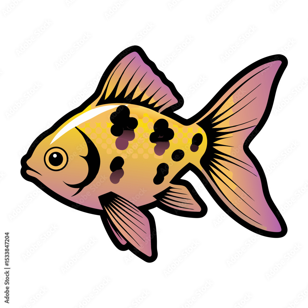 Poster goldfish depicted in comic book style with colorful patterns, isolated vector image on transparent b