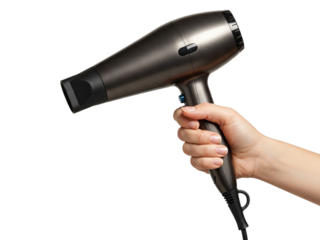 Hand holding hair dryer isolated on white background, cut-out