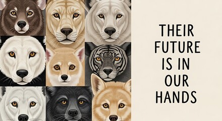 Wildlife Conservation Poster: Facing Extinction - Wolves, Lions, Tigers & Dogs. "Their Future Is In Our Hands" - Urgent Call To Action, Earth Day Awareness Campaign.