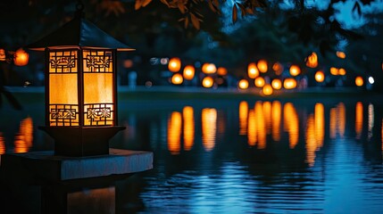 Illuminated lantern near water, glowing lights reflected.