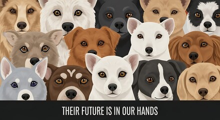 Dog Breeds Graphic: 'Their Future is in Our Hands' - Advocacy Poster with Multi-Colored Canine Faces in Unity, Animal Welfare Awareness Campaign