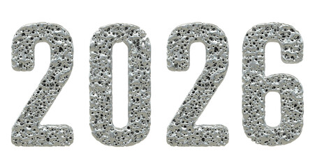 texte 2026 écrit en métal chromé spongieux et brut - rendu 3D sur fond transparent