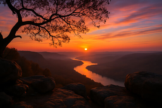 Majestic Mountain Landscape with Fiery Sunset and Serene River Reflection