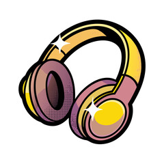 Colorful headphones illustrated in comic book style with pop art design, isolated vector image on transparent background  