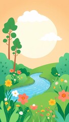 Obraz premium Cartoon spring landscape illustration with river, flowers, trees and sunshine