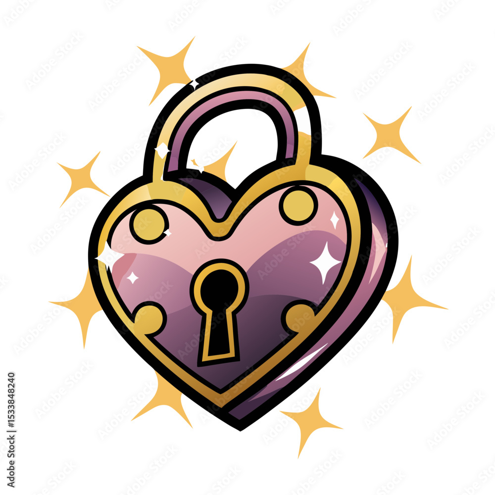 Poster heart-shaped lock with keyhole illustrated in pop art style, isolated vector image on transparent ba