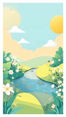 Obraz premium Cartoon landscape illustration of river flowers sun sky clouds and green hills view