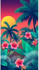 Obraz premium Tropical sunset palm trees and hibiscus flowers vibrant summer vacation art print