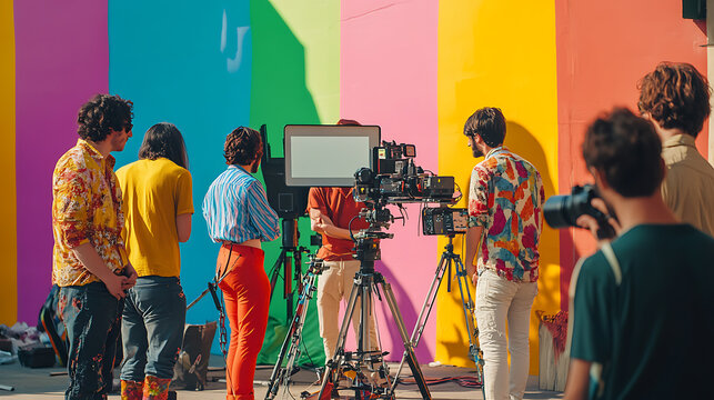 Film crew capturing a scene against a vibrant, multicolored wall
