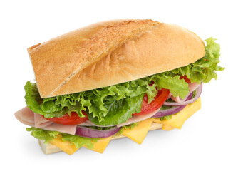 Tasty baguette sandwich with ham, cheese and vegetables isolated on white