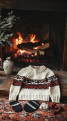 sweater and socks laid out by fireplace.