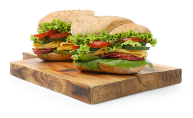 Pieces of tasty baguette sandwich with smoked sausage, cheese and vegetables isolated on white