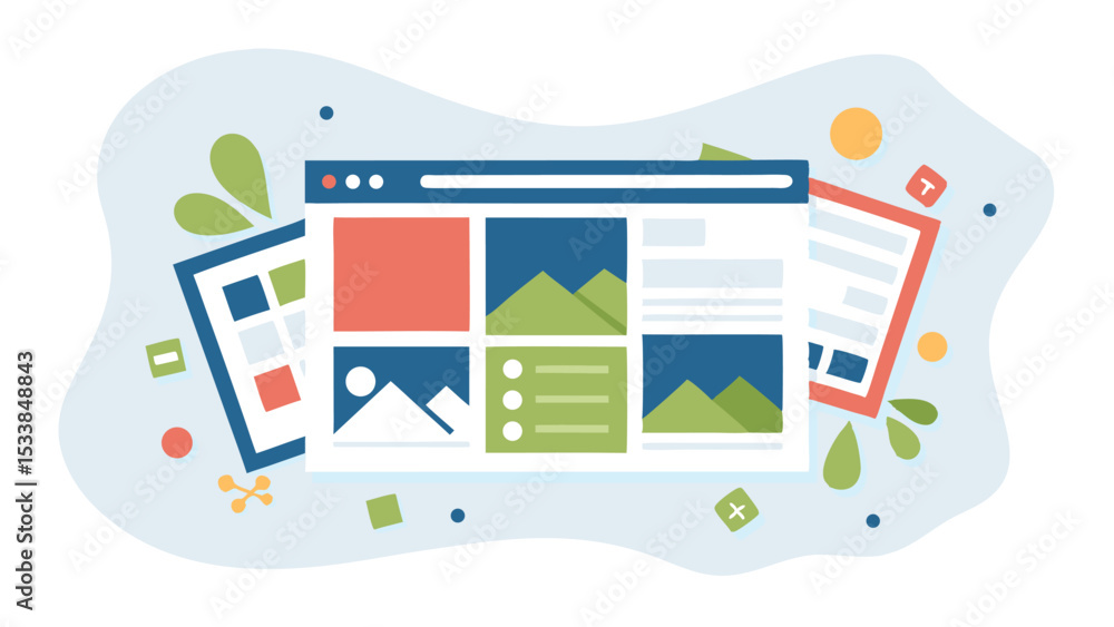 Poster illustration of a web browser window with various content blocks and design elements scattered aroun