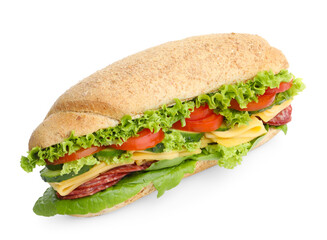 Tasty baguette sandwich with smoked sausage, cheese and vegetables isolated on white