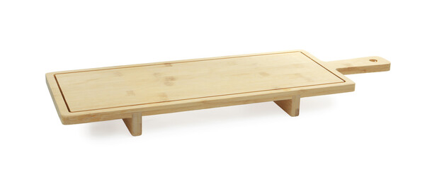 One wooden serving board with legs isolated on white. Space for text