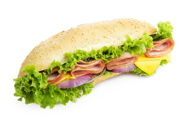 Tasty baguette sandwich with ham, cheese and vegetables isolated on white