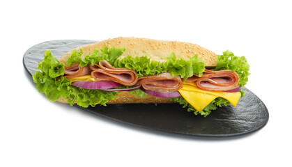 Tasty baguette sandwich with ham, cheese and vegetables isolated on white