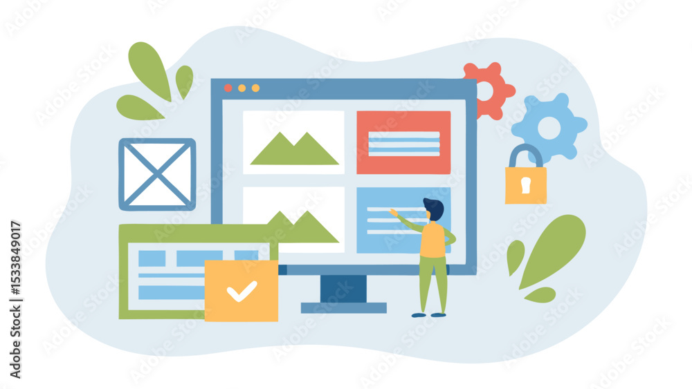 Poster person interacting with a computer screen displaying various content and settings icons near by