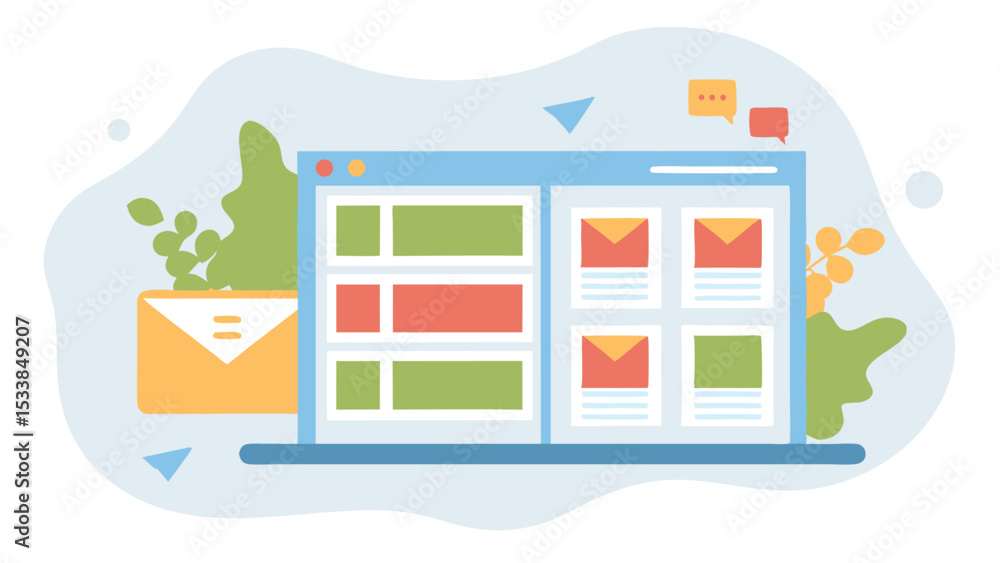Poster illustration of a laptop displaying email inbox with envelope and plants in the background