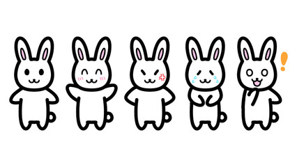 いろいろな表情のうさぎのキャラクターの手描きイラスト