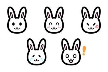 いろいろな表情のうさぎのキャラクターの手描きイラスト