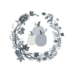 Elegant Watercolor Wreath with Pumpkins Autumn Floral Design. Illustration Vector