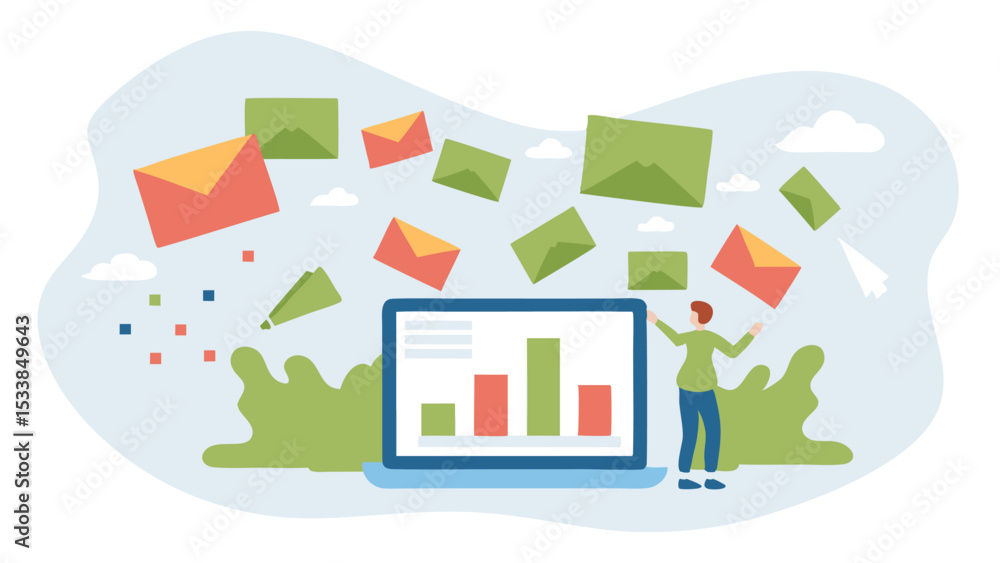 Poster illustration of a person with laptop showing a bar graph and floating envelopes around it