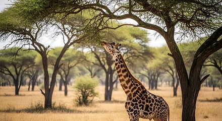 Graceful Giraffe Grazing on Acacia Tree in African Savannah, Golden Light, Nature Photography, Wildlife, Serene, Sunny Day, Habitat, Biodiversity, Conservation, Cinematic