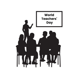 World Teacher's Day vector illustration with silhouette of a teacher and students in a classroom setting.