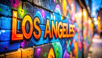 Naklejka premium Vibrant los angeles street art graffiti on urban brick wall