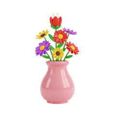 Colorful Artificial Flower Arrangement in Pink Vase on White Background