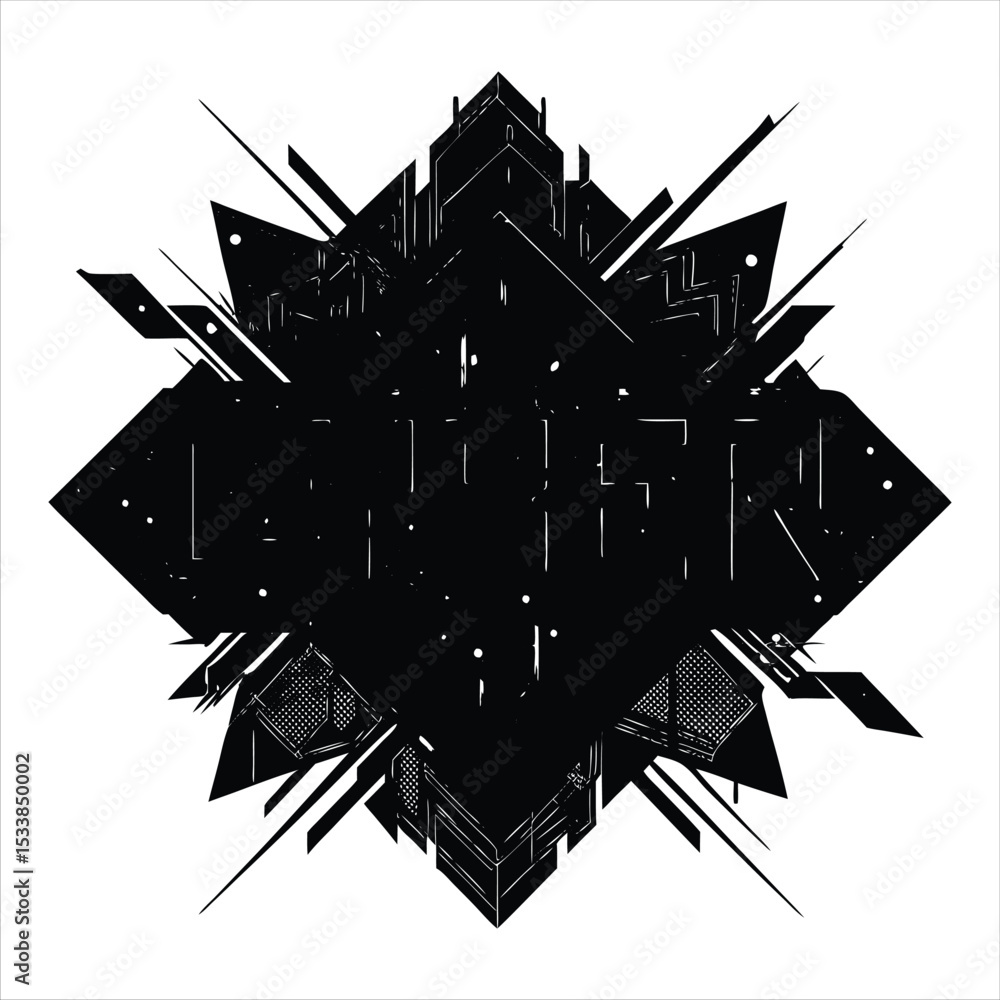 Poster a high-detail vector composition in an abstract cyber-grunge style. the scene feature fragmented tex