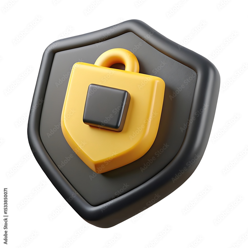 Poster 3d rendered yellow shield with a padlock and a black background representing data security and prote