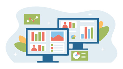 Fototapeta premium Two computer screens displaying data charts and graphs with a light background design style present