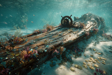 Ancient shipwreck with scattered golden treasures