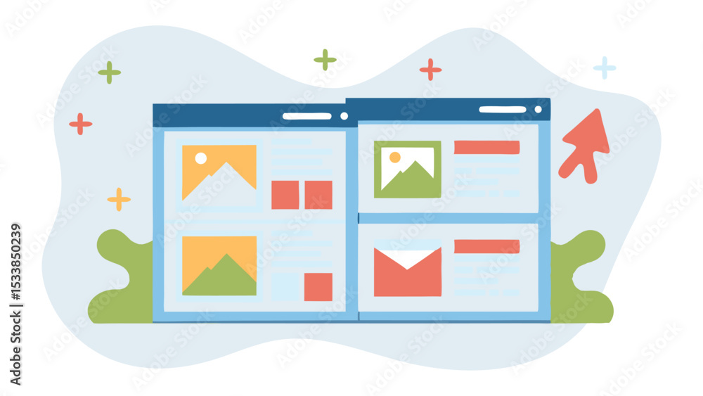 Poster illustration of a split screen interface with images and shapes on a light background design element